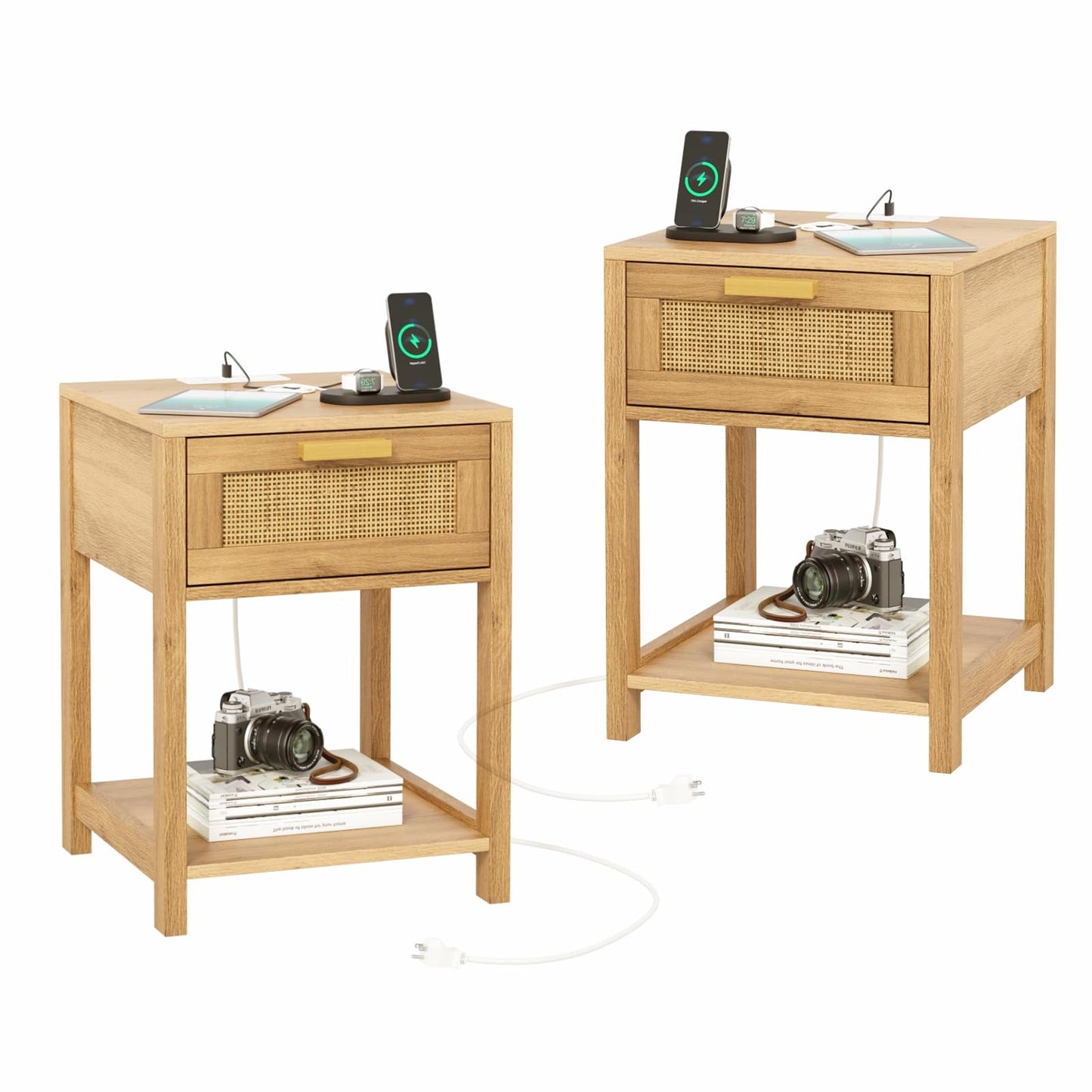 Rovaurx Rattan Set of 2 Nightstand with Charging Station Wooden End Table with Storage Drawer and Opening Shelf Bedside Table Natural RCTG109ME02