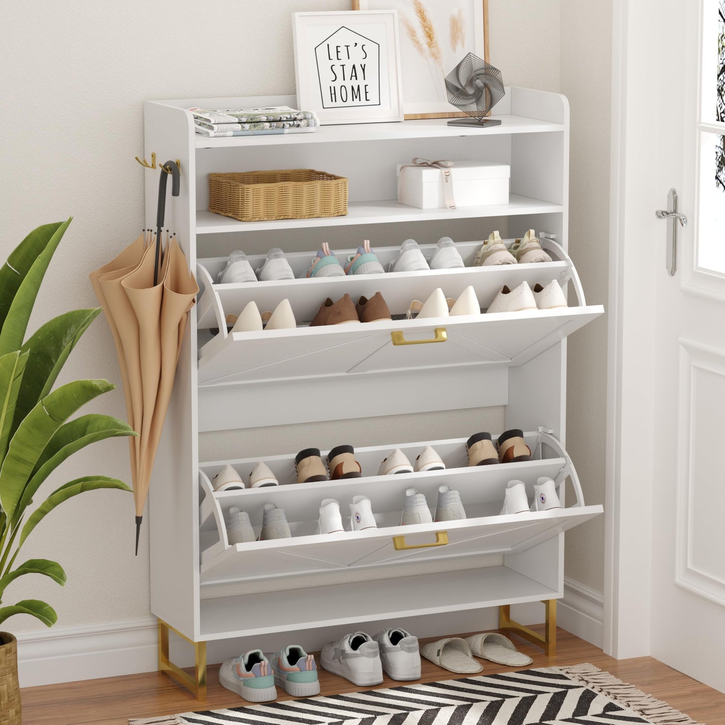 Shoe Cabinet with 2 Flip Drawers Freestanding Hidden Shoe Storage Organizer for Entryway Narrow Slim Shoe Rack Cabinet with Open Storage & Hooks for Front Door Entrance Living Room Hallway White