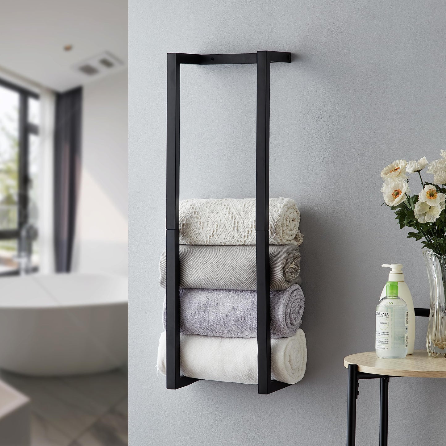 Towel Rack for Rolled Towels Towel Rack for BathroomWall Mounted Metal Bathroom Organizer Bath Towel Holder Wall for Modern Small Space Bathroom Towel Storage (Black)