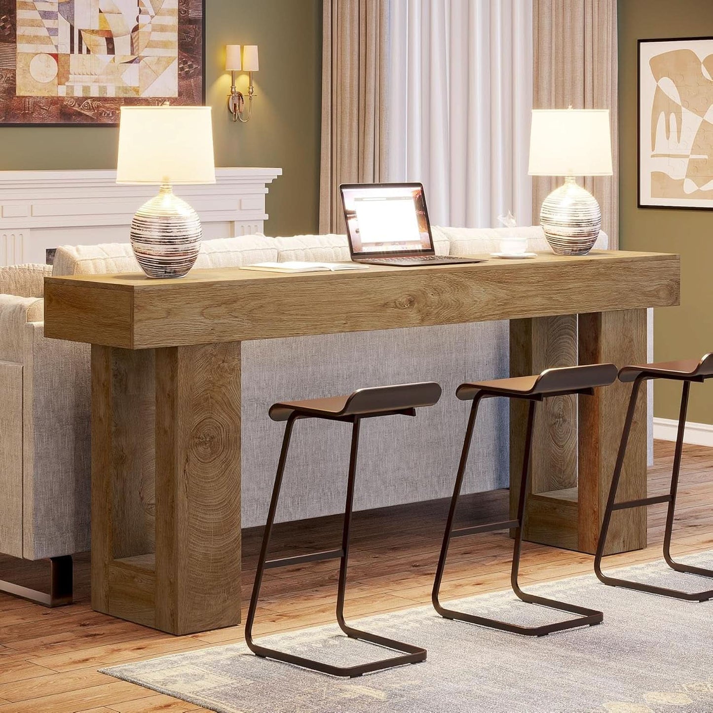 Farmhouse 63Inch Console Table Natural Wood Entryway