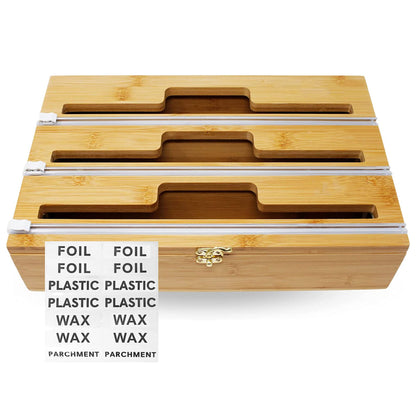 3-in-1 Premium Bamboo Aluminum Foil & Plastic Wrap Dispenser | Kitchen Organizer with Cutter | Great for Foil Wax Paper Plastic Wrap & More